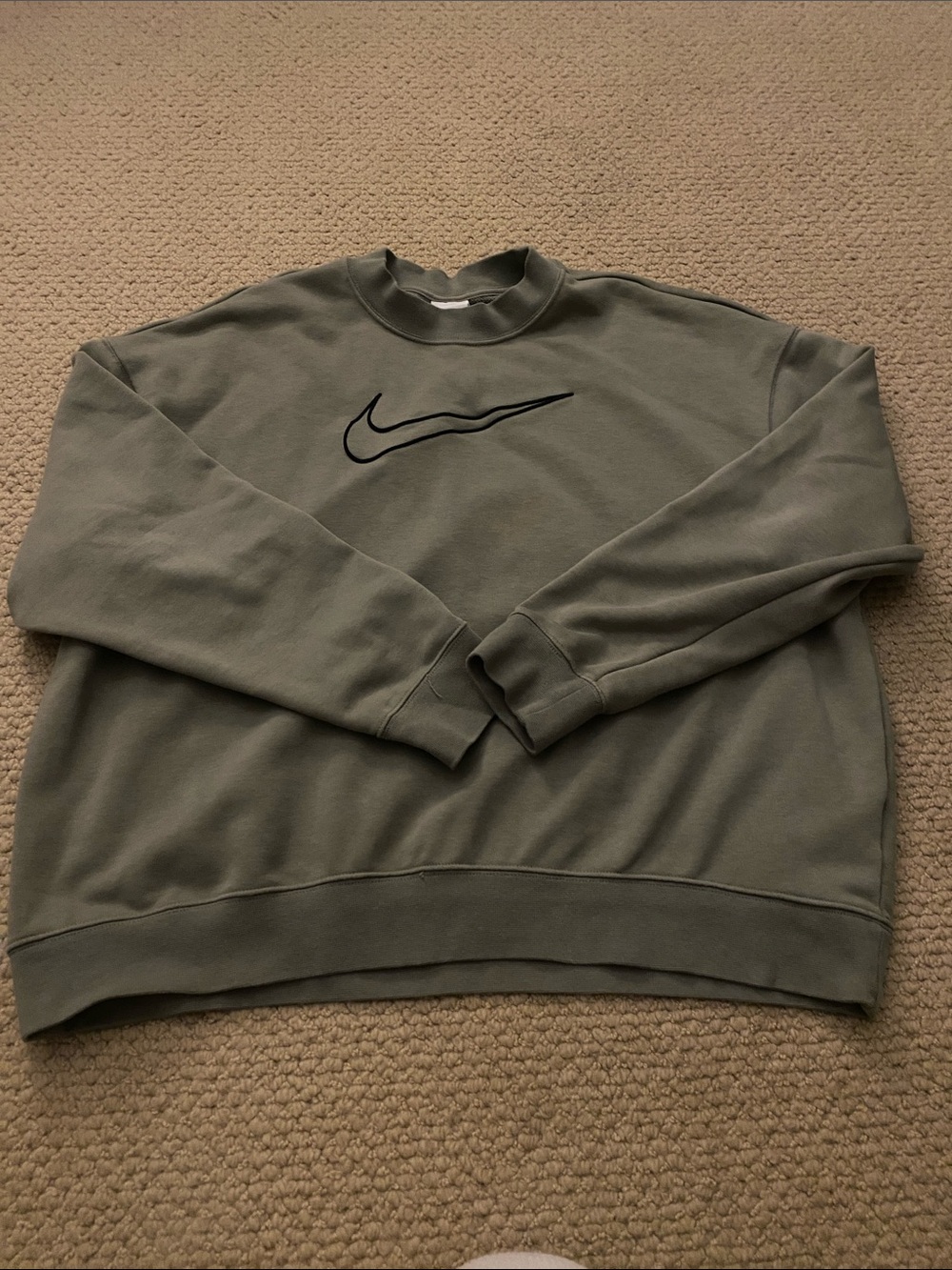Nike Olive Green Crewneck Sweater with Embroidered Swoosh